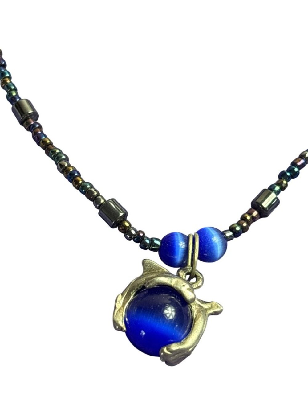 Vtg Artisan Necklace Silvertone Dolphins Cobalt Blue Cat's Eye Glass Seed Beads